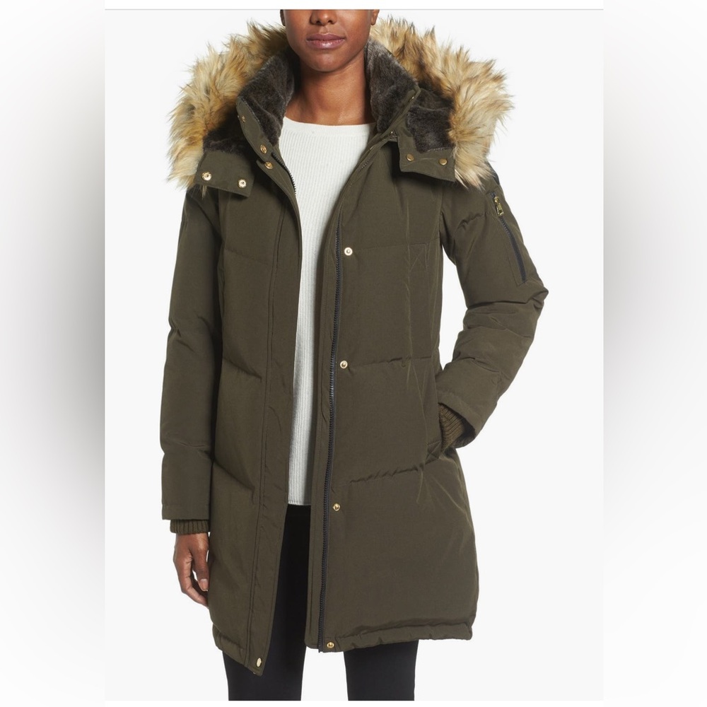 Vince Camuto Olive Puffer Coat with Faux Fur Hood